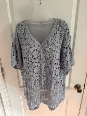 Light Blue Crochet Lace Top Boho Oversized Open Knit Tunic 2X